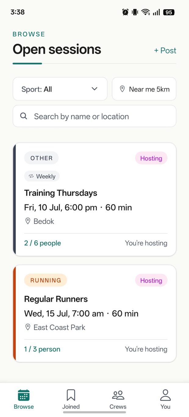 trainkaki app showing open sports sessions to join in Singapore