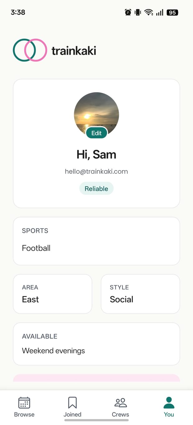 Your trainkaki profile with sports, area and reliability